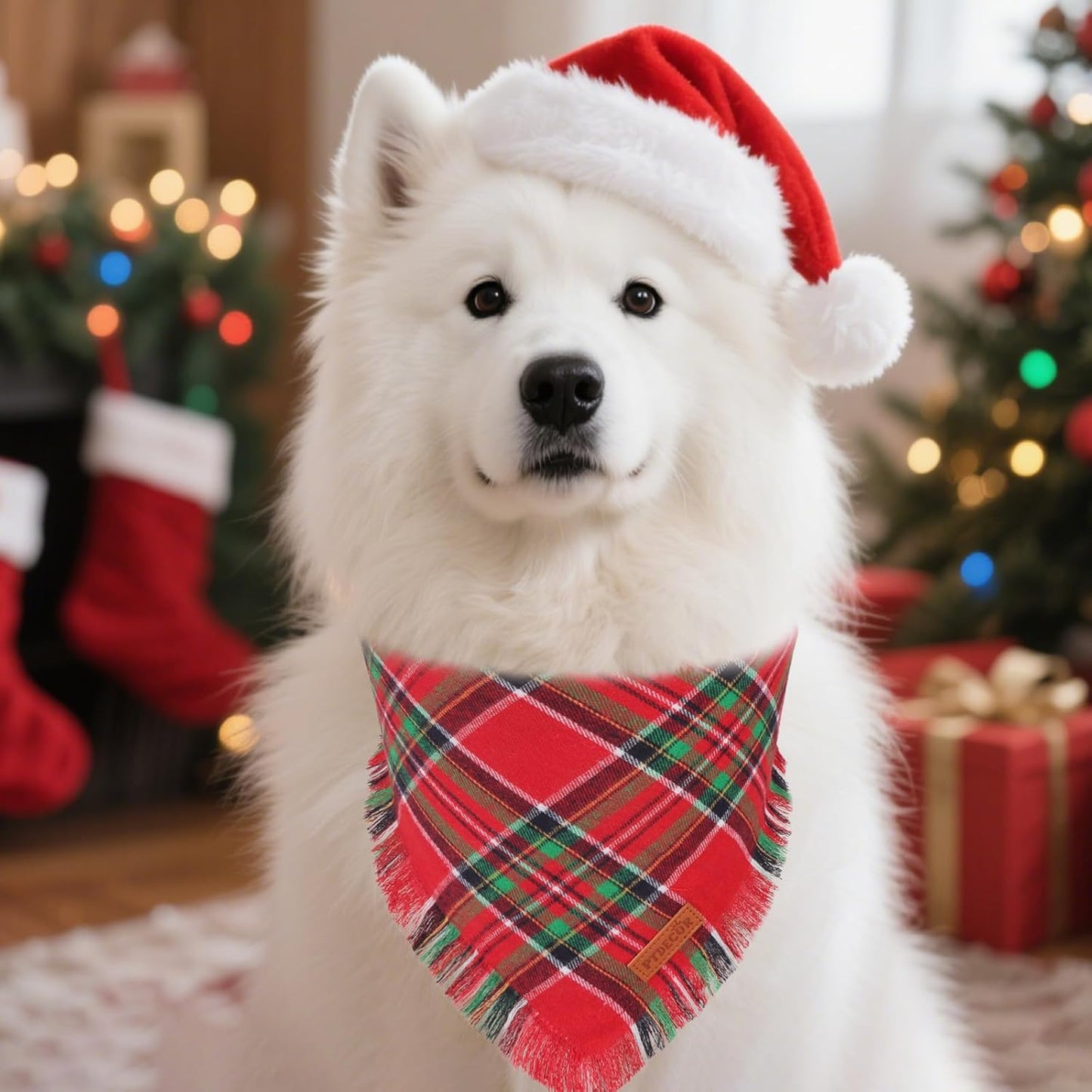 PTDECOR Christmas Dog Bandanas with Tassels Edges, 2 Pack Red Green Plaid Scarf Bib, Reversible Triangle Xmas Bandanas for Medium Large Dogs Pets (Large)