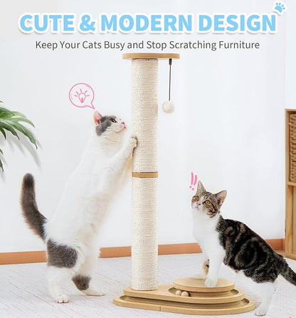 Made4Pets Cat Scratching Post Cat Scratcher Kitten Toys for Indoor Cats Wooden Ball Track Two-Layer Modern Sisal 32" Tall Scratch Post Interactive Toy with Dangling Ball Large Size