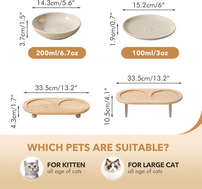 Raised Ceramic Wide Whisker Friendly Cat Dishes, Food& Water Bowl with 2 Style Stand Adjustable Pet Bowl Set, Anti Whisker Fatigue(2Dish+2Shallow Dish+Stand