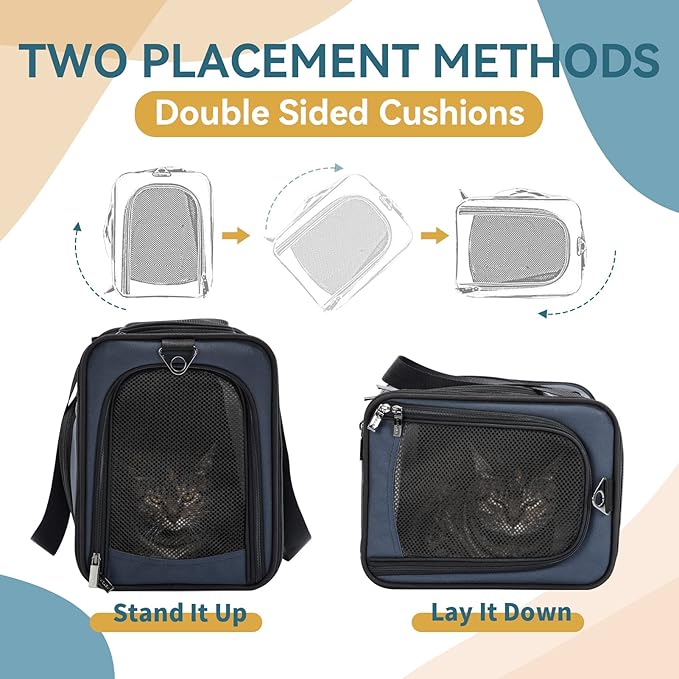 ‌Petsfit Airline Approved Pet Carrier for Small Cats, 15x8x10 TSA Approved Carrier, with Removable Dual-Sided Padding (2-Way Placement) - Fits Under Most Airplane Seats, Escape Proof (Navy)