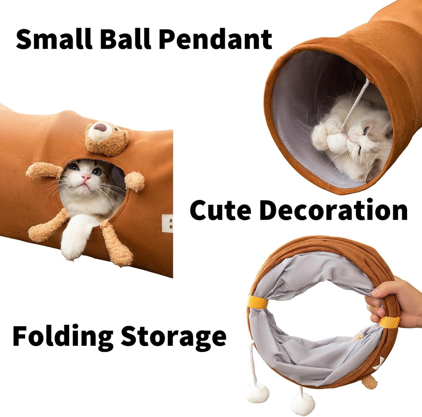 Cat Tunnels for Indoor Cats, Collapsible Pet Play Tube with Cat Toys and One Peek Hole, Pet Hideout Hideaway for Cats, Kittens, Bunny Rabbits, Ferrets, Puppy,Brown,S