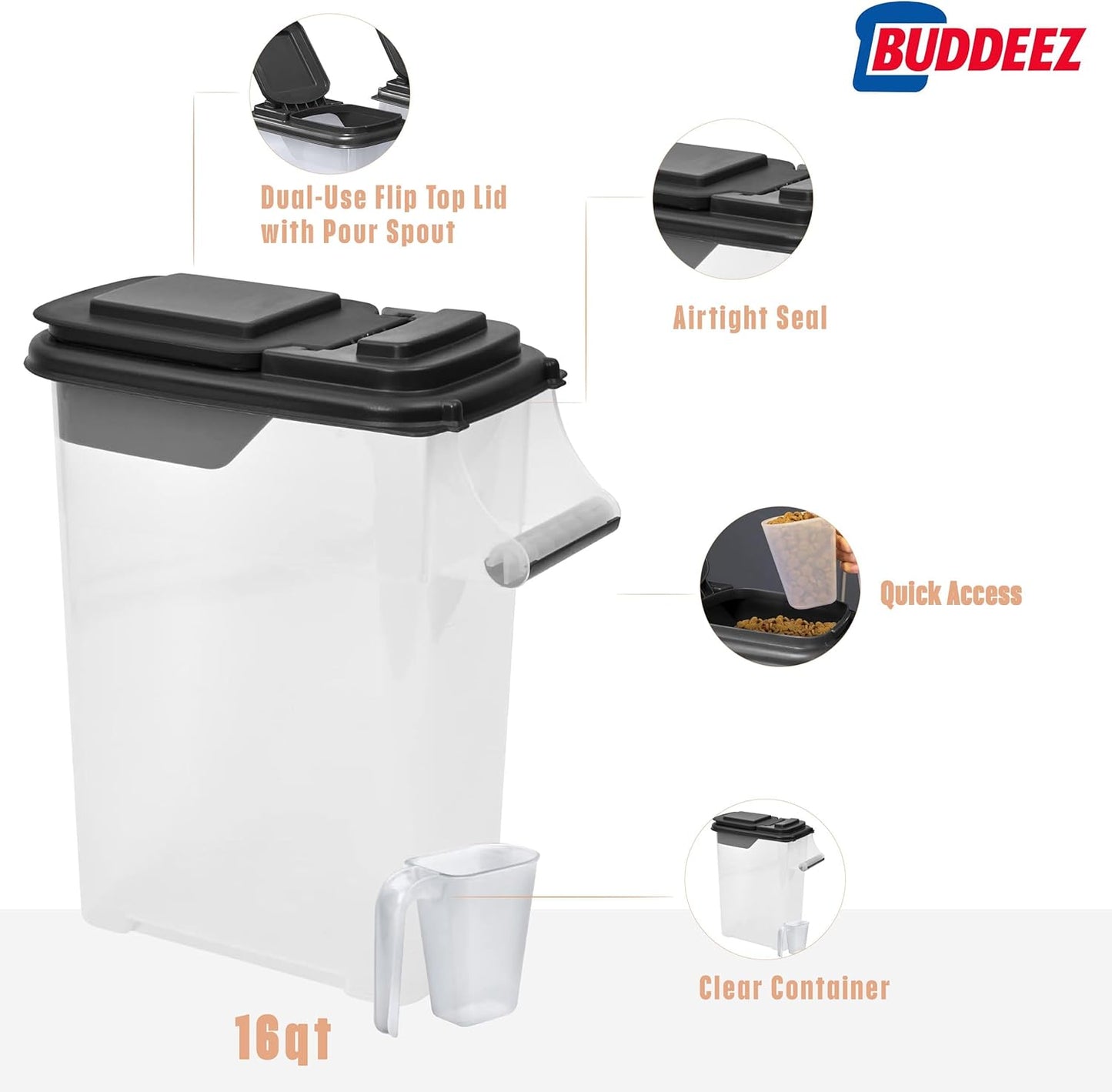 Buddeez Pet Food Storage Containers - Capacity Dog Food Storage Container, Cat Food Container, Bird Seed Storage Container, with Durable EZ Grip Handle, EZ Flip Lid & Scoop (2 Pack) 16 QT/16 LB