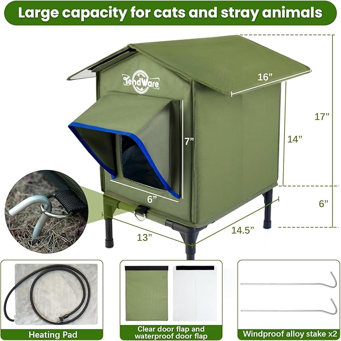 Heated Cat House for Outside Outdoor Cat House with Elevated Base Cat-Attracting Eave Design Feral Stray Shelter Weatherproof in Winter Garage Yard Porch Size S