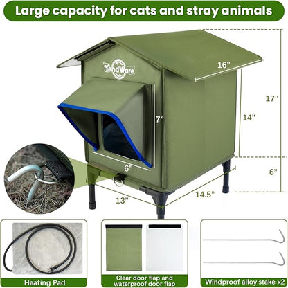 Heated Cat House for Outside Outdoor Cat House with Elevated Base Cat-Attracting Eave Design Feral Stray Shelter Weatherproof in Winter Garage Yard Porch Size S