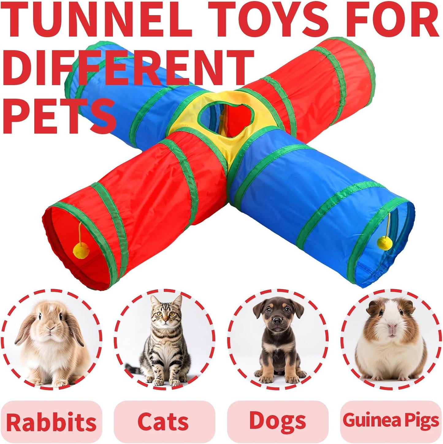 Pet Cat Tunnel, 4 Way Tunnels for Indoor Cats, Collapsible Pet Tunnel for Kitten, Puppy, Rabbit, 25cm-Wide Tunnels, Durable & Breathable, with Peek Hole Toy Ball