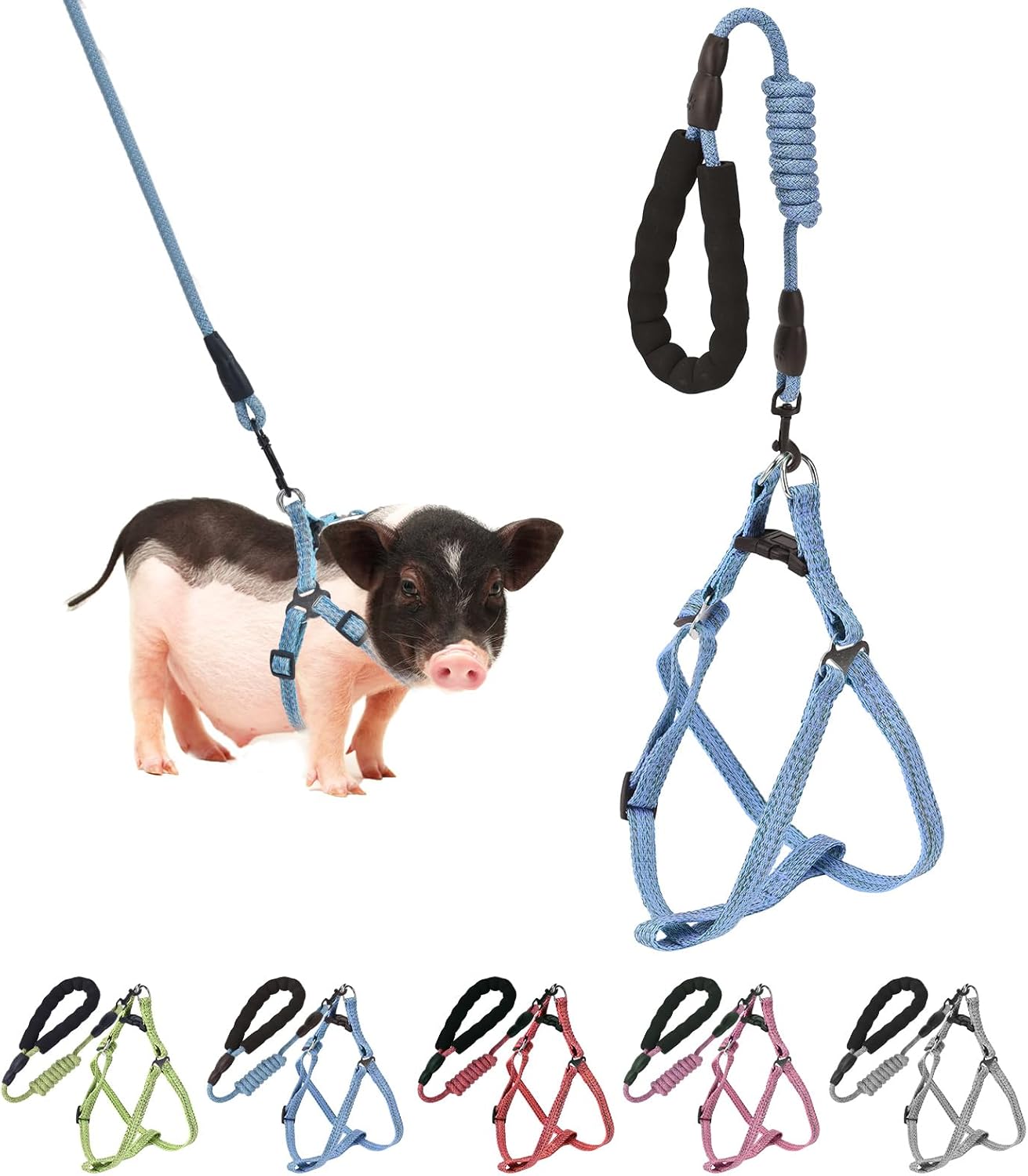 Mini Pig Harness, Adjustable Small Pig Harness with Leash Infinity Style Lead and Soft Foam Handle for Small to Medium Pet Pigs Walking Training Jogging (Blue, L)