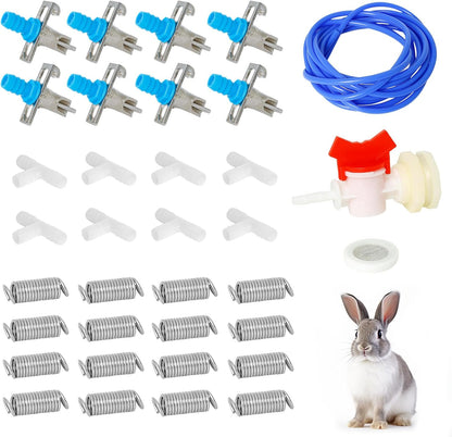 Automatic Rabbit Watering System,Quail Rabbit Water Bottle Dispenser 8 Nipples Drinker,ID 5/16" Hose 19.68 Feets,Barb Fittings to G1/2" Thread,T-Fittings,Springs,Gaskets,Bucket Connector