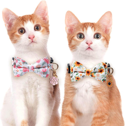 2 Pack Cotton Cat Collar with Bow Tie and Bell for Girl Boy Cats,Cute Pink Flower and Yellow Sunflower Pattern Spring Summer Breakaway Cat Collar for Male Female Cats (Flower&Sunflower)