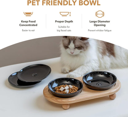 Raised Ceramic Cat Dishes, Food& Water Bowl with 2 Style Stand Adjustable Raised Pet Bowl Set, Anti Whisker Fatigue(2Dish+2Shallow Dish+Stand, Black