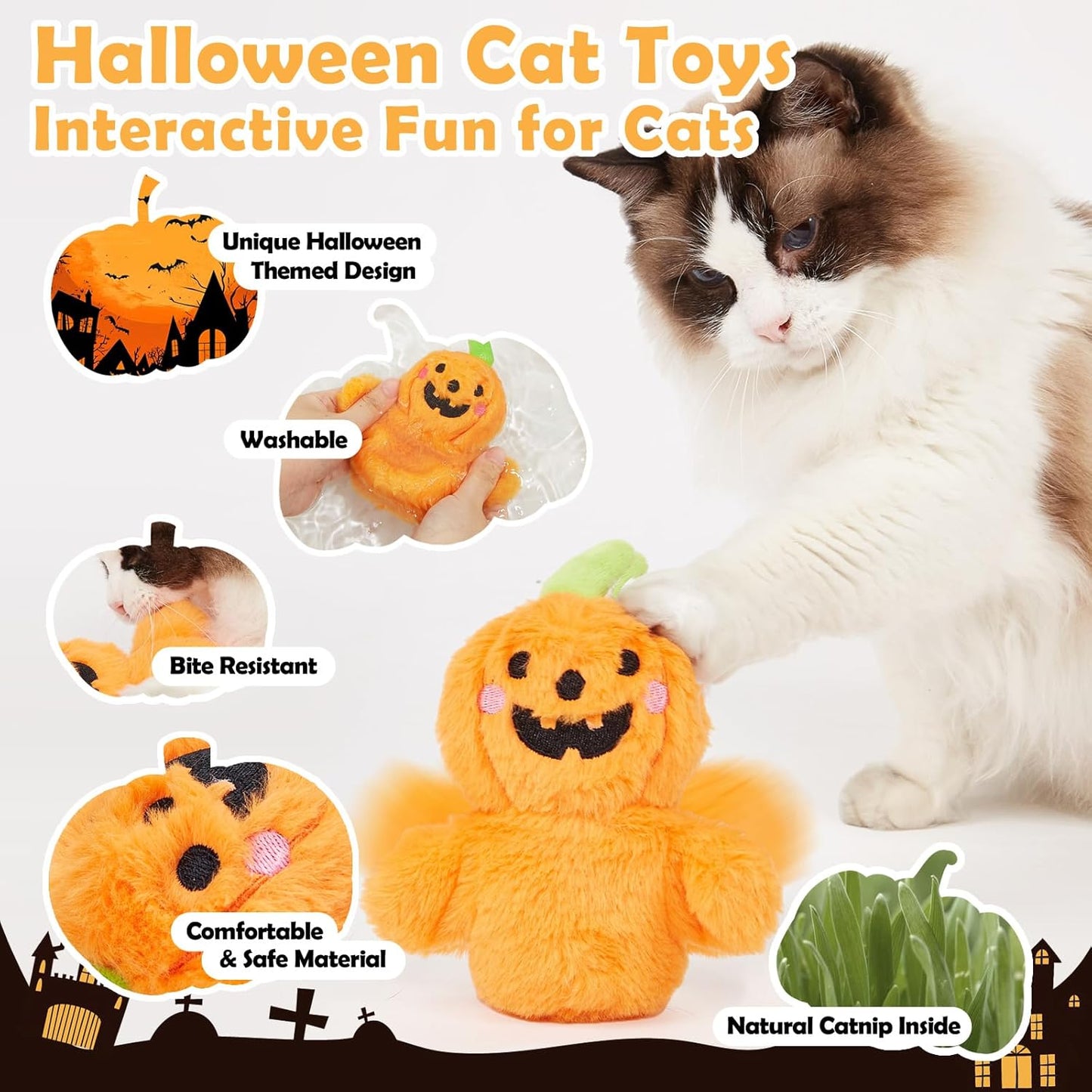 Halloween Catnip Toys, Flapping Pumpkin Catnip Toy, Interactive Kitten Exercise Toys for All Cat Breeds Play Alone, Never Boredom
