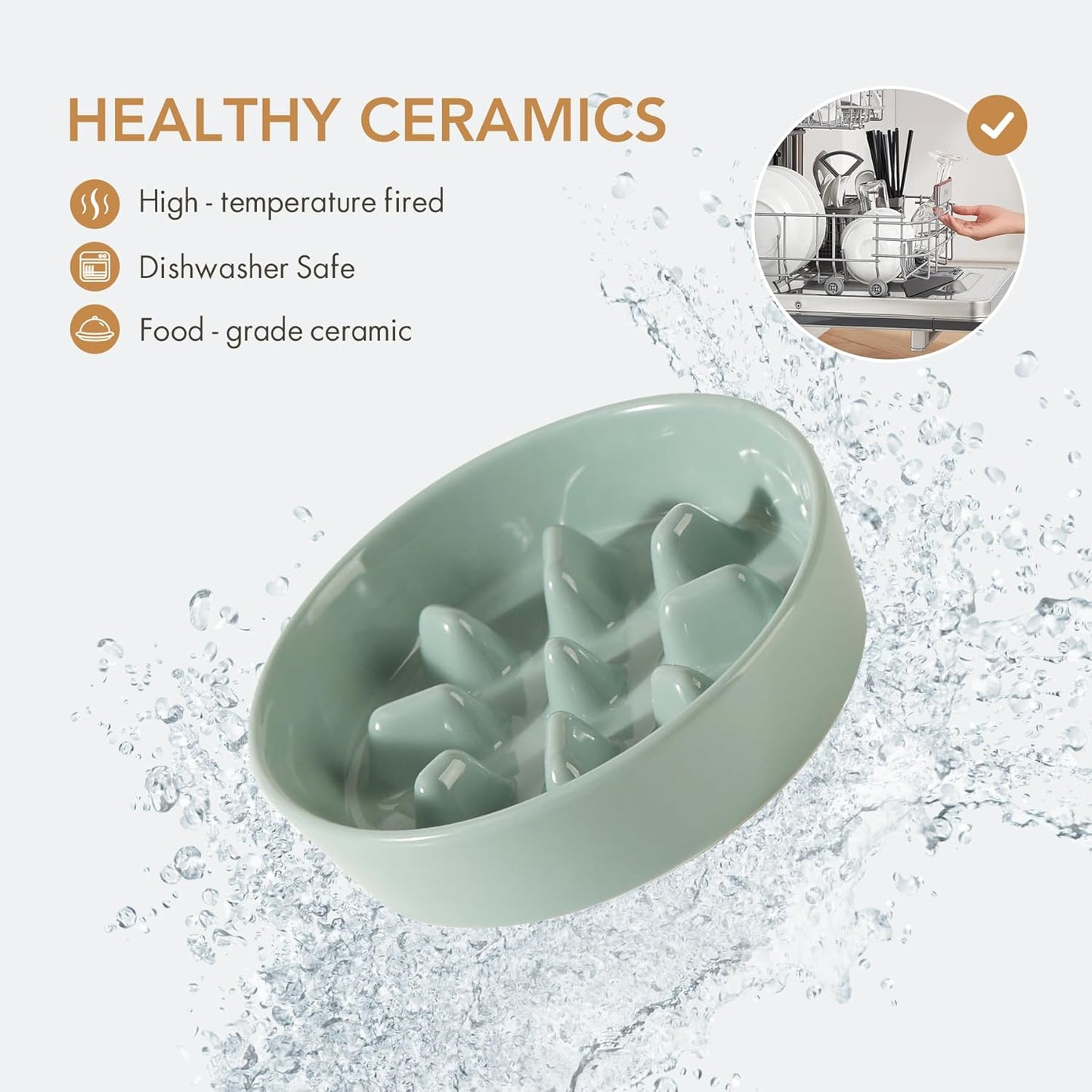 Ceramic 0.9 Cup Dog Bowl Slow Feeder, 6.1inch Slow Pet Food Dish for Small Dog and Cat, Stop Bloat, Preventing Choking(Single Bowl, Light Green)