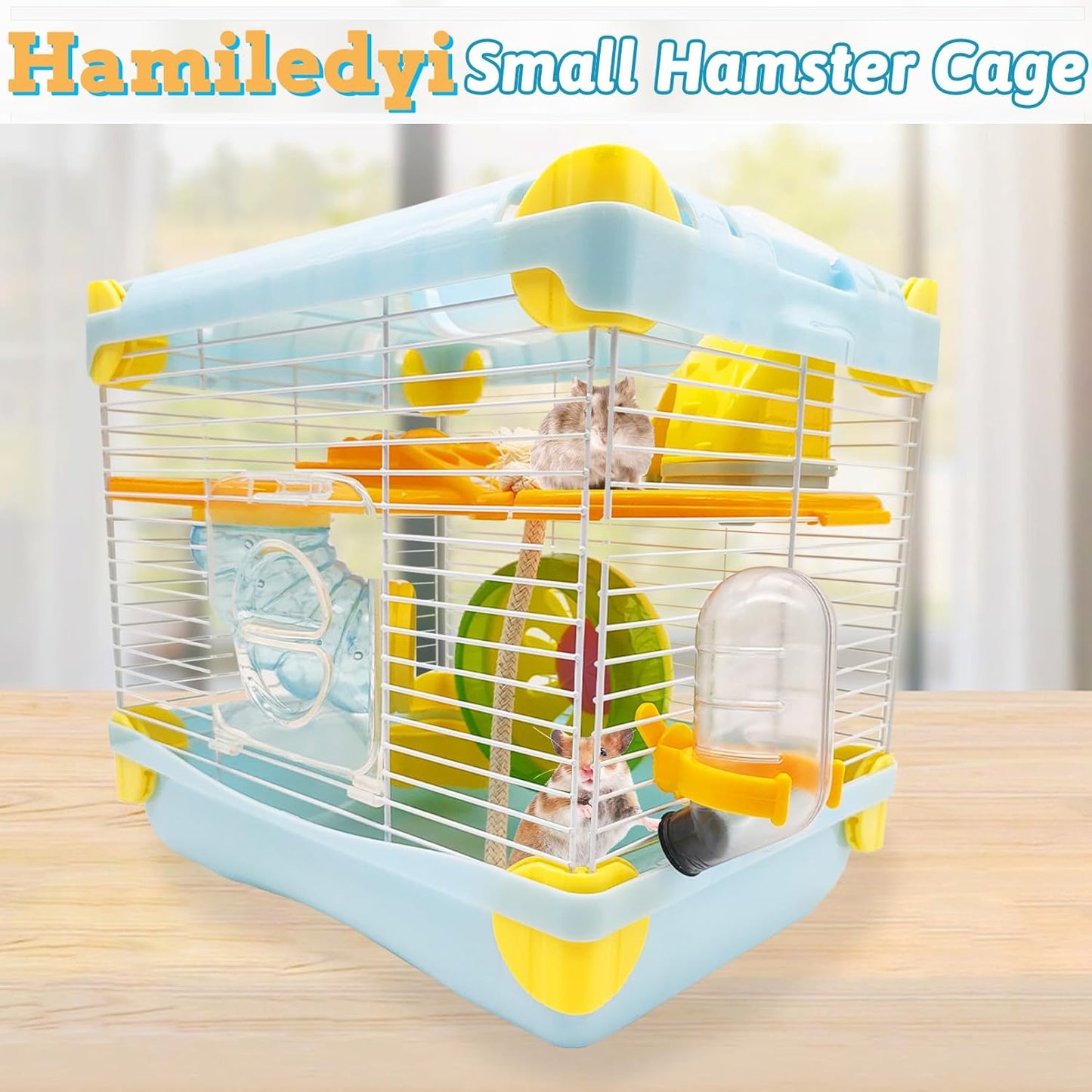 Hamiledyi Portable Hamster Cage 2 Layers Dwarf Hamster Habitat Small Animal Travel Cage with Exercise Wheel Hamster Enclosure Mouse Cage for Hamsters Mice Gerbils or Other Tiny Pets