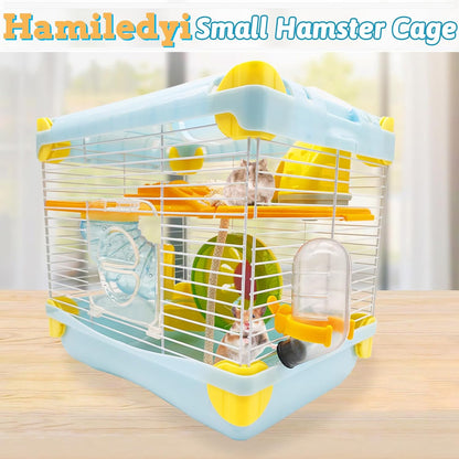 Hamiledyi Portable Hamster Cage 2 Layers Dwarf Hamster Habitat Small Animal Travel Cage with Exercise Wheel Hamster Enclosure Mouse Cage for Hamsters Mice Gerbils or Other Tiny Pets