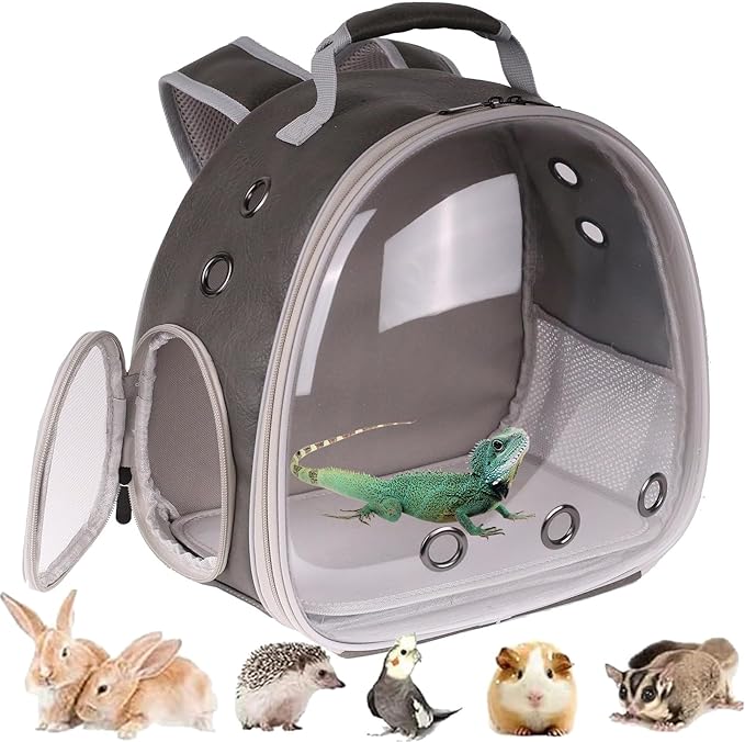 Bearded Dragon Carrier Backpack with Security Printing Harness Leash and 3-Sized Harness Set, Reptile Lizard Travel Guinea Pig Bunny Kitten Travel Carry Bag to Transport (Grey, PU Leather)