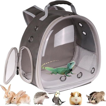 Bearded Dragon Carrier Backpack with Security Printing Harness Leash and 3-Sized Harness Set, Reptile Lizard Travel Guinea Pig Bunny Kitten Travel Carry Bag to Transport (Grey, PU Leather)