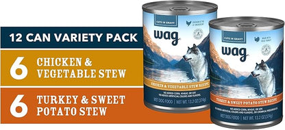 Amazon Brand - Wag Wet Dog Food Stew Variety Pack, Chicken & Turkey Cuts in Gravy, Made with Natural Ingredients, 13.2 Ounce Cans (Pack of 12)