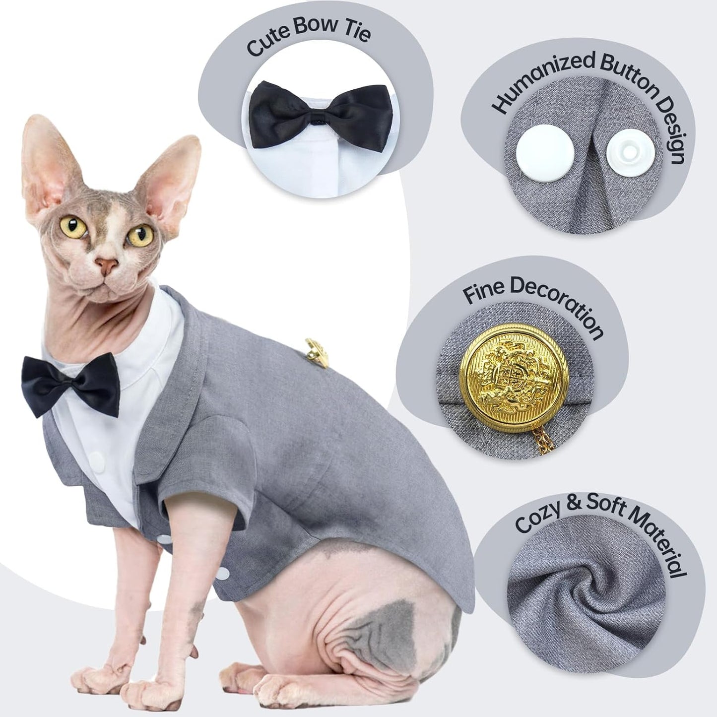 QBLEEV Cat Tuxedo Suit, Cat Halloween Costumes for Cats Only, Sphynx Cat Tuxedo Outfit Costume with Bow Tie, Kitten Formal Attire Wedding Birthday Onesie Clothes for Male Girl Hairless Cats
