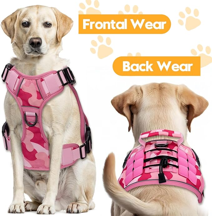 Heavy-Duty Tactical Dog Harness for Large Dogs, No Pull Adjustable Reflective Pet Vest with Molle System, K9 Military-Grade Control for Service Training, Outdoor & 10+ Breeds, Pink Camo, Medium