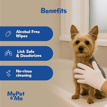 My Pet & Me - No-Rinse Cleaning Gloves for Dogs & Cats - 6 Count | Deodorizing & Moisturizing Pet Glove Wipes | Dog Washing Gloves for Easy Grooming | Paw Cleaner & Bath Gloves for Pets