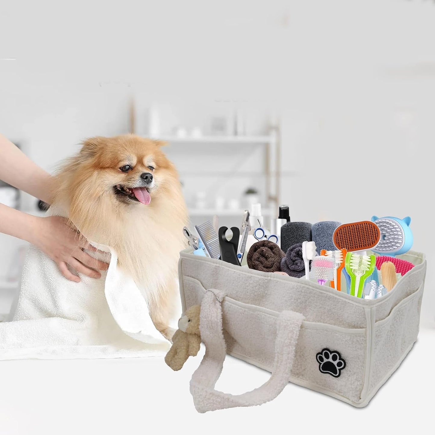 Pet Grooming Tote Bag,Large Capacity Dog Grooming Bag with Sturdy Handles,Multiple Compartments Dogs Travel for Supplies,Portable Pet Tote Organizer for Dogs,Cat Trimmer,Clipper,Combo,Brush