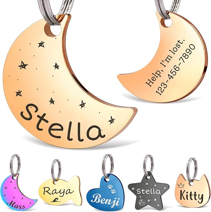 Anavia Small Size Dog Cat ID Tags, Small/XS Personalized Color Plated Stainless Steel Puppy Kitten Name Tags, Customized Engraved Nameplate Pet Collar Tag (Rose Gold, Moon)