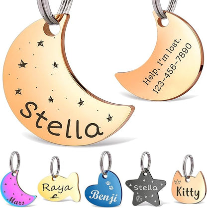 Anavia Small Size Dog Cat ID Tags, Small/XS Personalized Color Plated Stainless Steel Puppy Kitten Name Tags, Customized Engraved Nameplate Pet Collar Tag (Rose Gold, Moon)