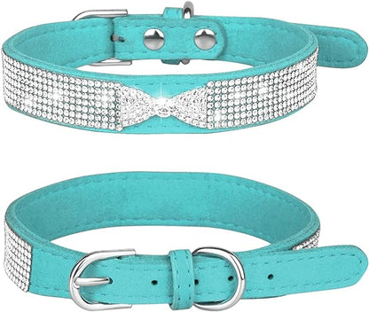 Rhinestone Dog Collar, Cute Dazzling Sparkling Soft Suede Leather Adjustable Pet Dog Cat Collar Crystal Diamond for Puppy Small Medium Large Dogs (M:32-38cm, Light Blue-3)