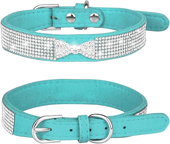 Rhinestone Dog Collar, Cute Dazzling Sparkling Soft Suede Leather Adjustable Pet Dog Cat Collar Crystal Diamond for Puppy Small Medium Large Dogs (S:26-32cm, Light Blue-3)