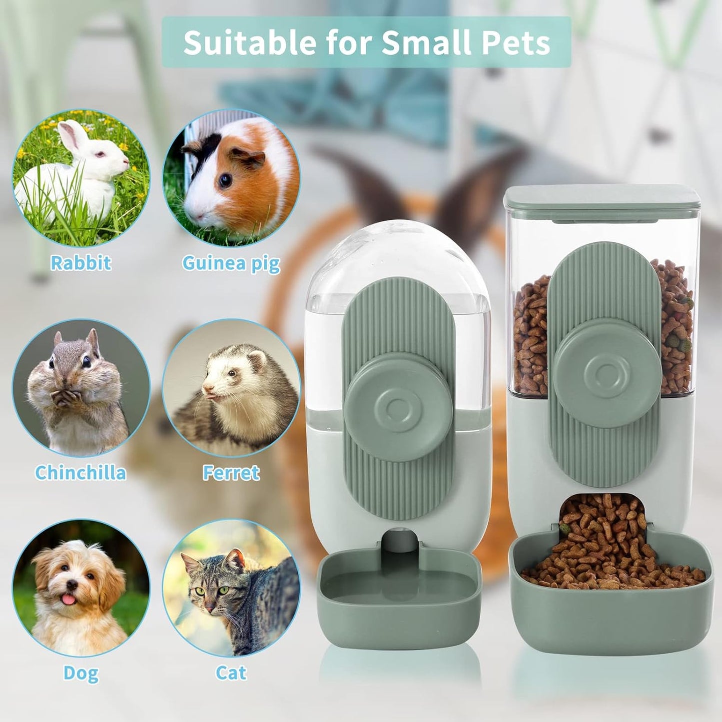 Hanging Automatic Food and Water Dispenser, Gravity Rabbit Feeder Set, Cage Cat and Bunny Food Bowl (Cage Grid Spacing Over 1.2'')