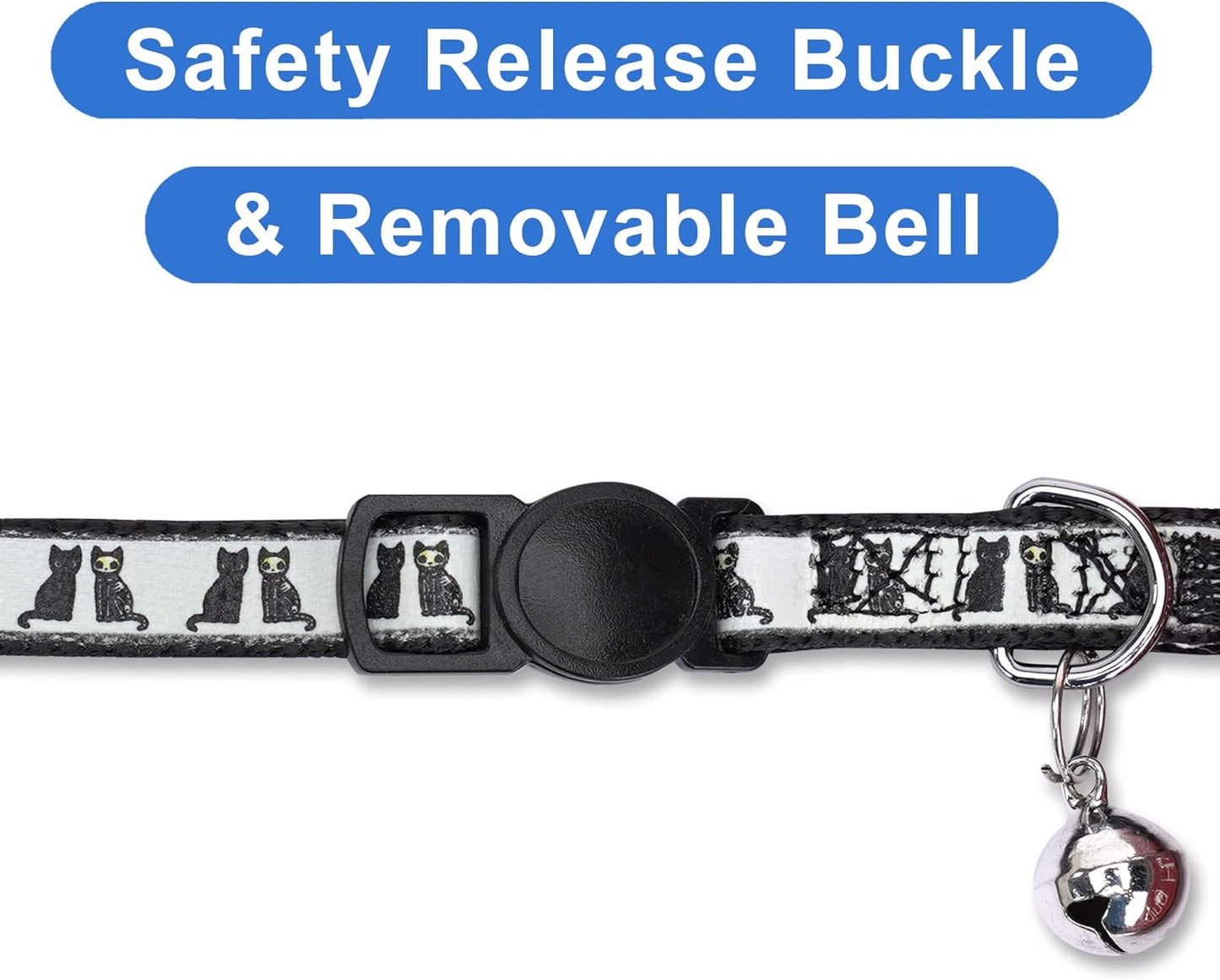 Pawtitas Halloween Cat Collars for Cats Adjustable Collar Glow in The Dark Feature and Safety Breakaway Buckle and Removable Bell to Match Your Halloween Cat's Costume - Black Cat Pattern