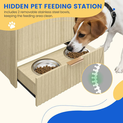 Fluted Dog Feeding Station, Dog Food Storage Container with Raised Bowls, Pet Feeder Station Food Cabinet for Toy Feeding Watering Supplies, Natural Oak