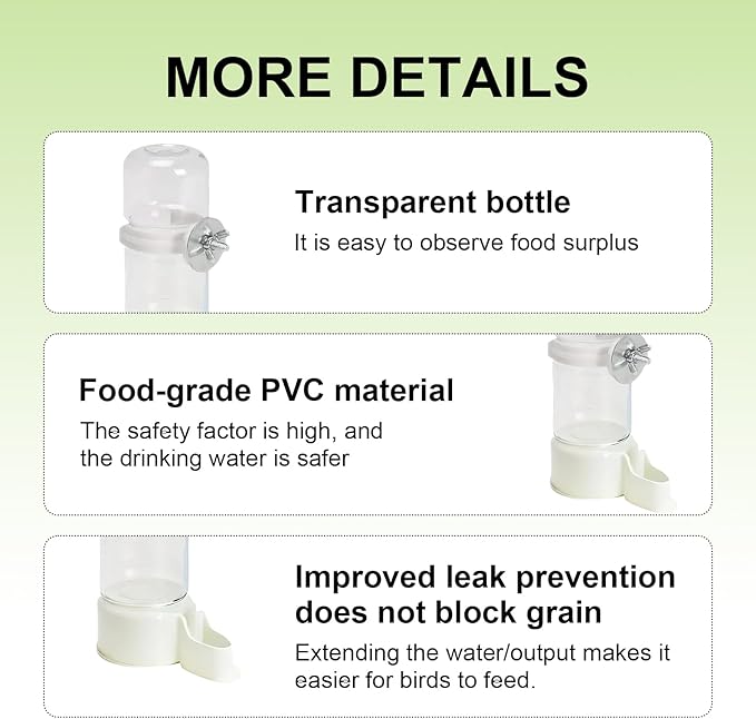 2PCS 140ml Bird Water Dispenser Automatic Drinking Bottles, Transparent Drinker Cages No Mess Suspended for Cockatiel Budgie Conure Lovebirds