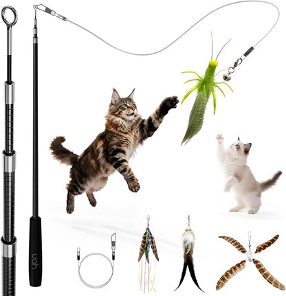 uahpet Natural Feather Cat Toy, Interactive Wand Toy for Indoor Kittens, 60inch Long Cat Fishing Pole Toy for Exercising and Playing, 4Pcs Different Refills and 2Pcs Premium String