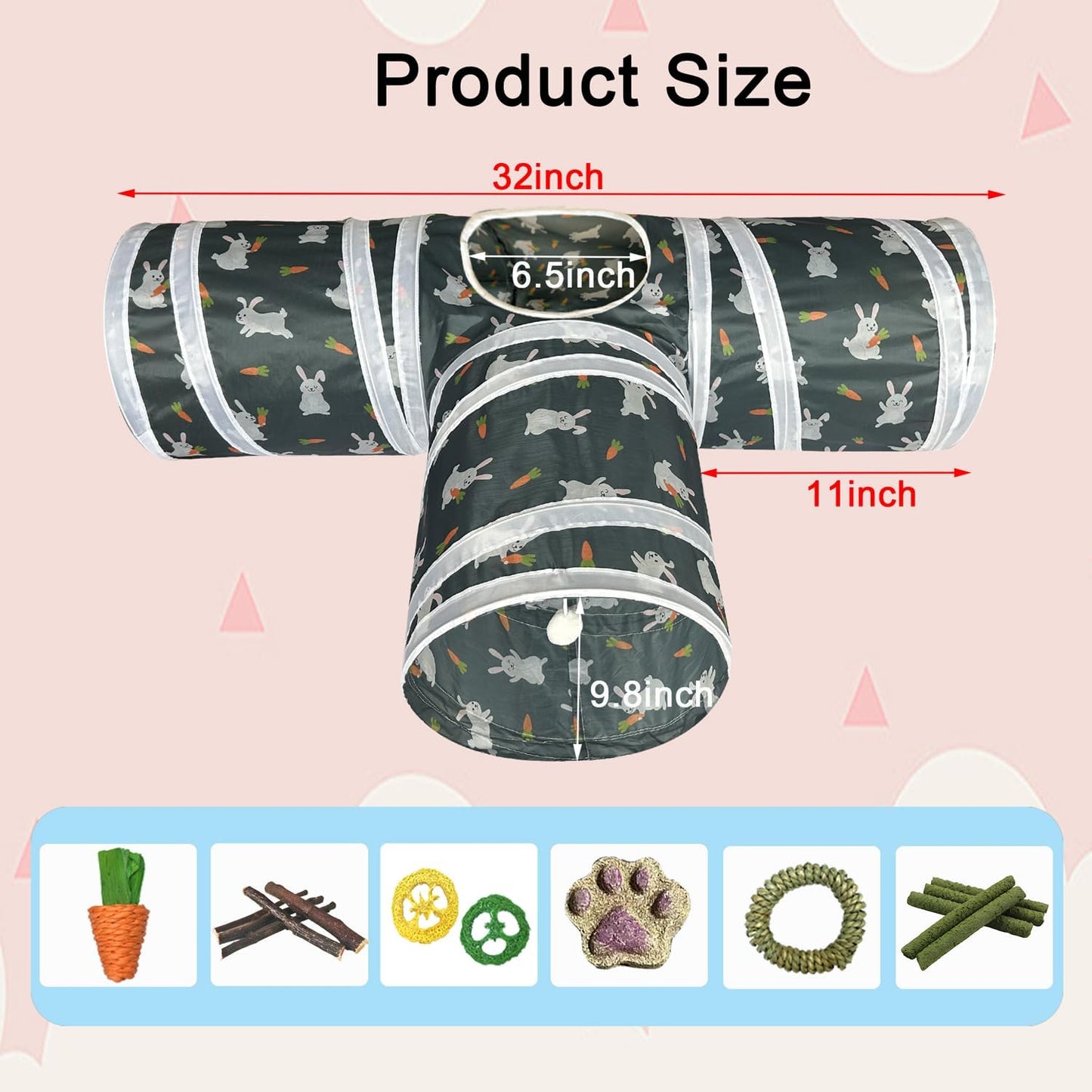 LUCKITTY Rabbit Tunnel Toy, Collapsible 3-Way Hideout Tunnel with Chew Toys for Rabbits, Guinea Pigs, Ferrets, Kittens & Small Pets - Gray & White Bunny Carrot Design Hideout (33"x20"x9.5")