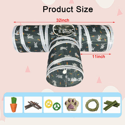 LUCKITTY Rabbit Tunnel Toy, Collapsible 3-Way Hideout Tunnel with Chew Toys for Rabbits, Guinea Pigs, Ferrets, Kittens & Small Pets - Gray & White Bunny Carrot Design Hideout (33"x20"x9.5")
