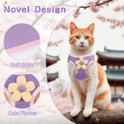 Cat Harness and Leash Set for Walking Escape Proof, Adjustable Kitten Harness Breathable Mesh with Reflective Strips Harness with Flower for Kitty Puppy Bunny Purple S