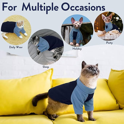 T'CHAQUE Cat Pajamas - Soft Cat Clothes& Shirts & Pajamas with Sleeves, Stretchy Sweater, Pullover Kitten Clothes, Blue, Medium