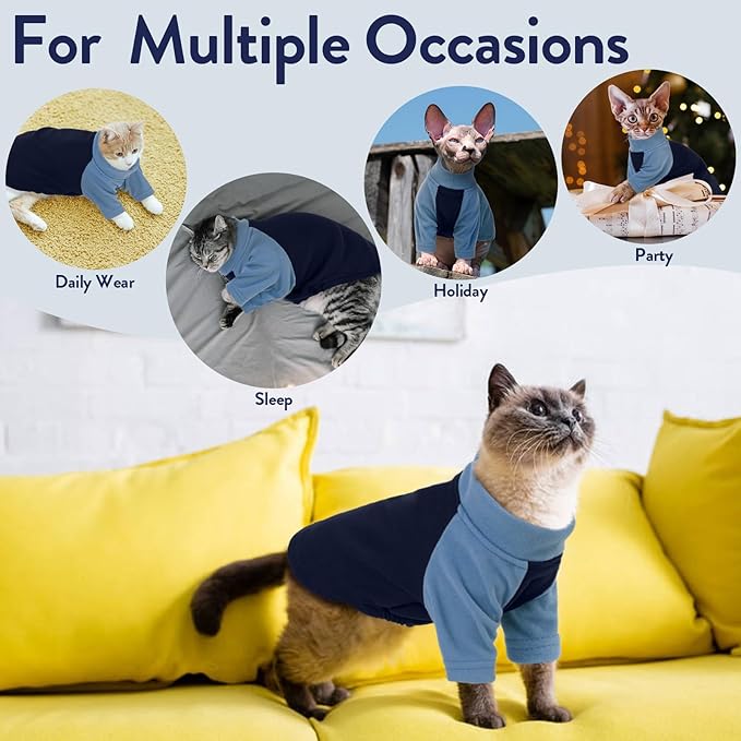 T'CHAQUE Cat Pajamas - Soft Cat Clothes& Shirts & Pajamas with Sleeves, Stretchy Sweater, Pullover Kitten Clothes, Blue, XX-Large