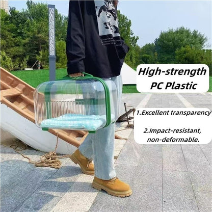 Rolling Pet Trolley Case, Portable Hard Shell Pet Carrier, Clear Plastic Cat Travel Box, Suitable for Cats and Dogs(Green,9.8 * 11.0 * 15.4in)