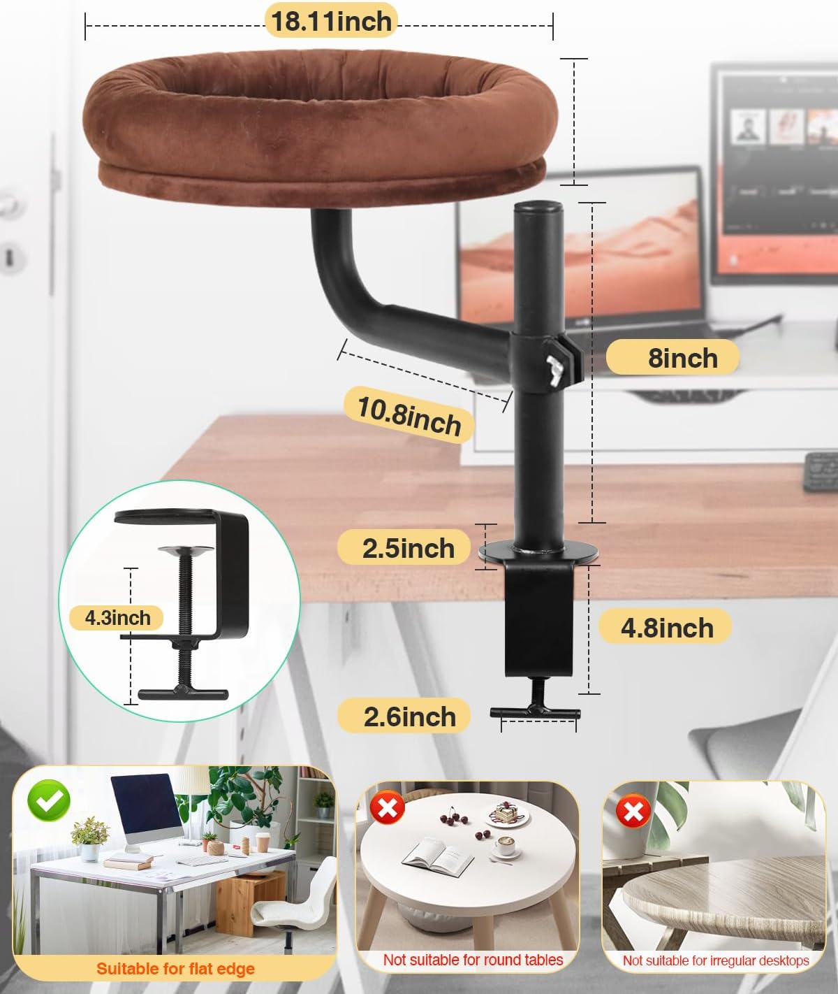 Cat Bed for Desk,Keeps Kitten Close and Workspace Clear Cat Bed,Height Adjustable and Rotatable,Drilling-Free(Unheated Brown,18.5" Lx17.5 Wx17.5 W)