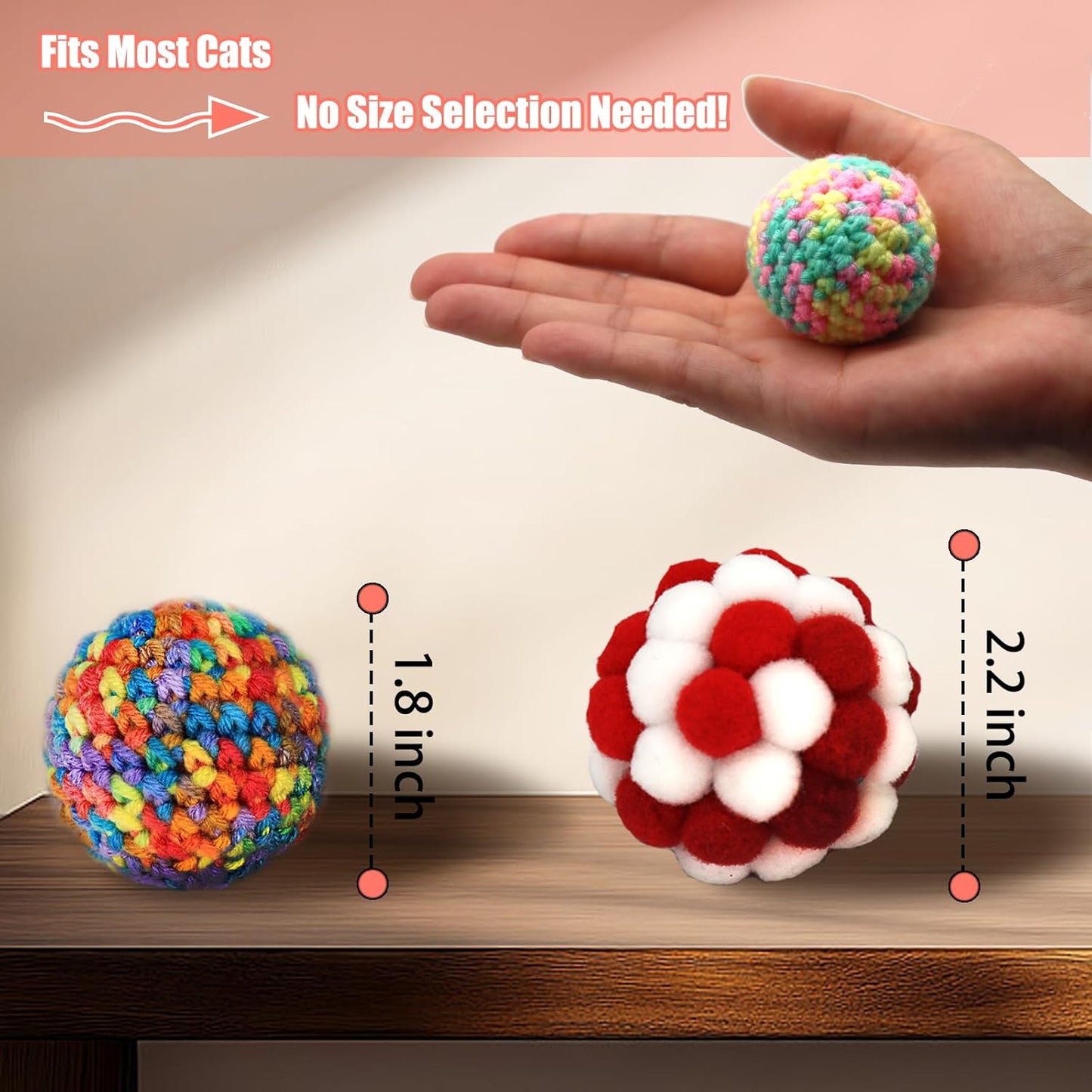 6 Pack Cat Toys Balls - 3 Jingle Bell Ball & 3 Soft Pom Pom Balls, Interactive Kitten Toys for Hunting/Kicking, Handmade, Small 1.8” & Large 2.1” for Adult Cats/Kittens
