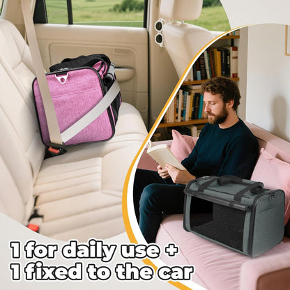 YUDODO 2 Packs 25 lbs Lightproof Soft Sided Cat Carrier for Large Cat & Small Dog Airline Approved Travel Puppy Carriers with Side Pockets & Reflective Mesh, Foldable Portable for Car Grey Green+Pink