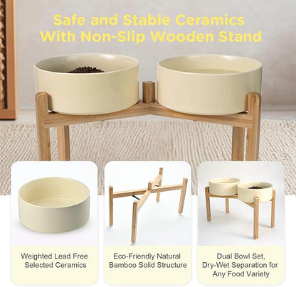 SPUNKYJUNKY Elevated Dog Bowls Ceramic, 8.3'' Dogs Food Water Bowls Raised with Non-Slip Bamboo Stand for Large Sized Breed Microwave Dishwasher Safe - 60 OZ,Beige