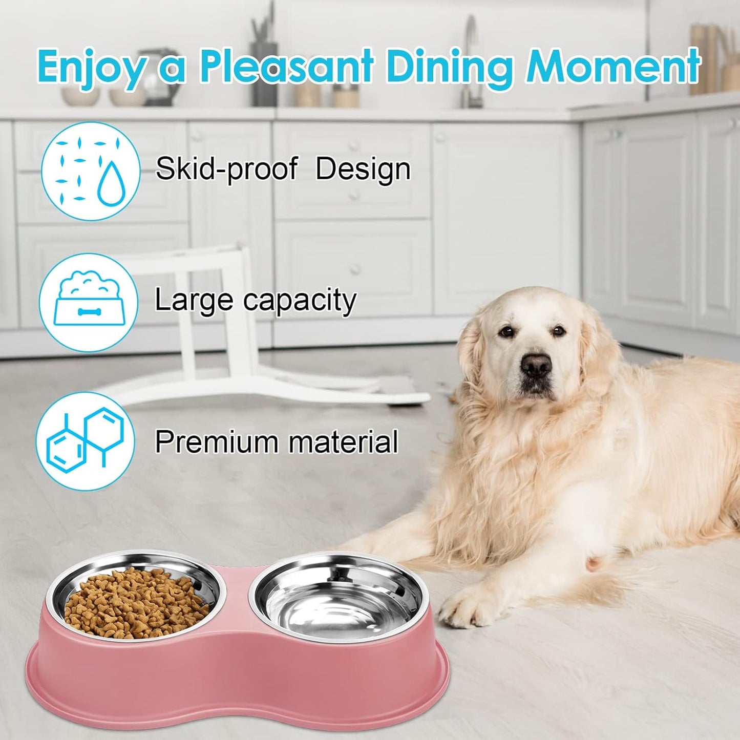 Dog Bowls Large Double Dog Water and Food Bowls Stainless Steel Bowls with Non-Slip Resin Station, Pet Feeder Bowls Food Dish for Small Medium Large Dogs Cats