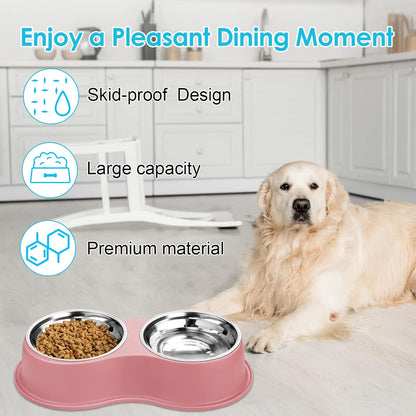 Dog Bowls Large Double Dog Water and Food Bowls Stainless Steel Bowls with Non-Slip Resin Station, Pet Feeder Bowls Food Dish for Small Medium Large Dogs Cats