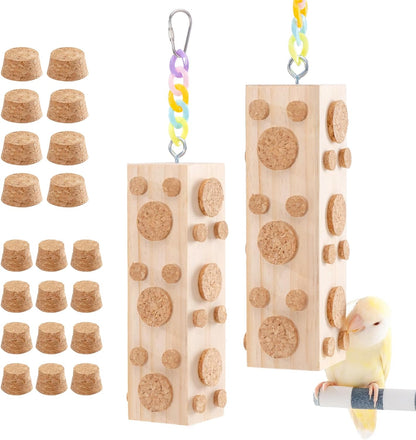 2 Pcs Wooden Bird Chew Toys - 7.9 Inch Hanging Parrot Toys, with 92 Detachable Corks, Relieve Boredom & Anxiety, Foraging Toys, for Parakeet, Cockatiel, Conure, Budgie, Lovebird, African Grey Parrot