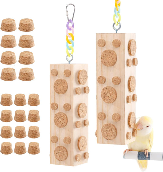2 Pcs Wooden Bird Chew Toys - 7.9 Inch Hanging Parrot Toys, with 92 Detachable Corks, Relieve Boredom & Anxiety, Foraging Toys, for Parakeet, Cockatiel, Conure, Budgie, Lovebird, African Grey Parrot