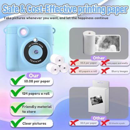 Kids Camera Instant Print, Christmas Birthday Gifts for Kids Age 3-12, Selfie Digital Camera with 1080P Videos,Toddler Portable Travel Cameras Toy for 4 5 6 7 8 9 Year Old Boys Girls-Blue