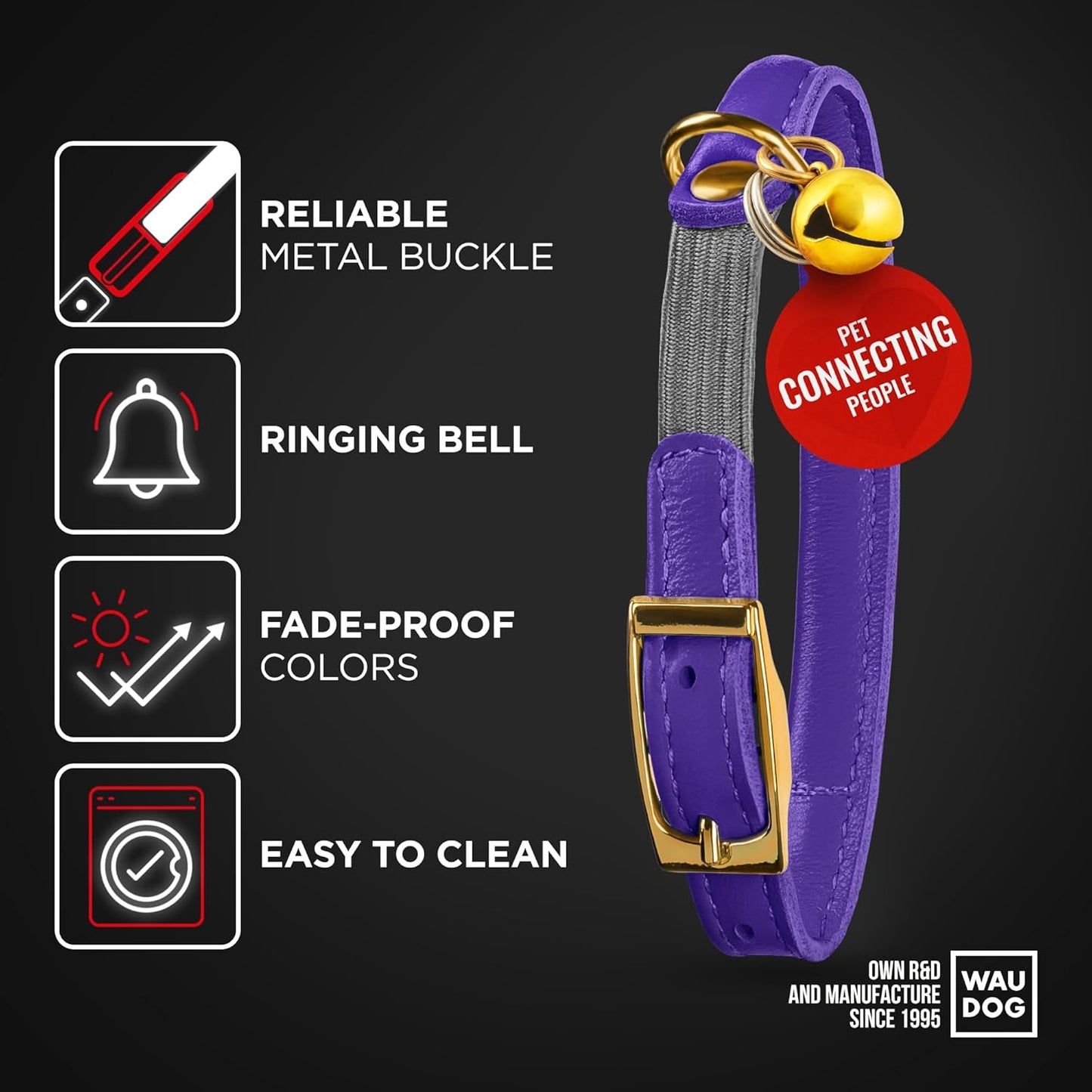 WAUDOG Ultra Soft Rolled Leather Cat Collar with Removable Bell, Safety Elastic Strap and QR ID Tag - Soft Padded for Small, Medium, and Large Cats - Round Kitten Collar for Male and Female Cats