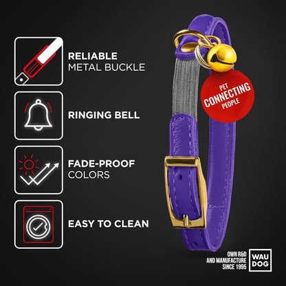 WAUDOG Ultra Soft Rolled Leather Cat Collar with Removable Bell, Safety Elastic Strap and QR ID Tag - Soft Padded for Small, Medium, and Large Cats - Round Kitten Collar for Male and Female Cats